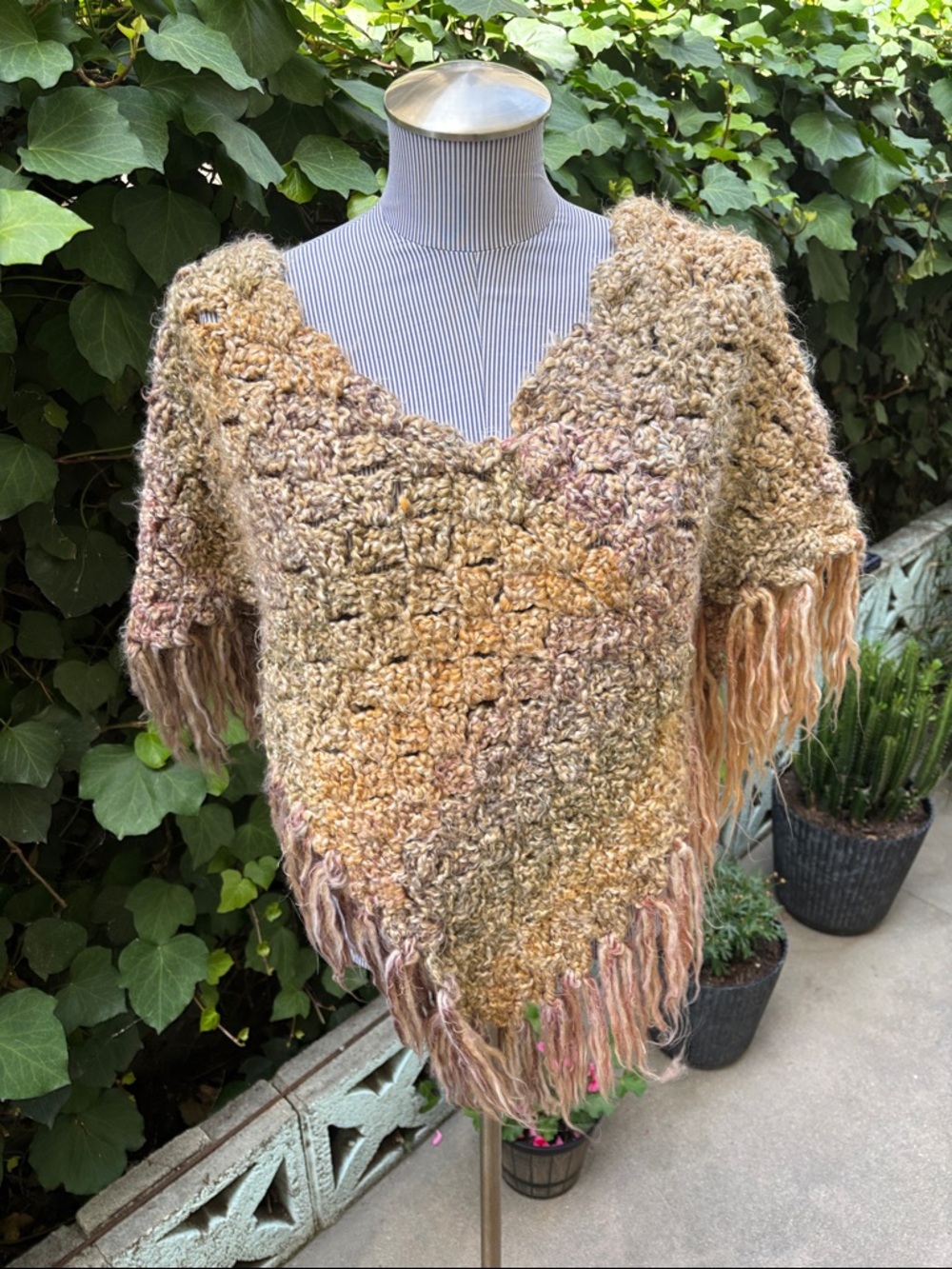 Chunky Textured Hand-Knit Fringe Poncho in Mixed Neutrals OSFM